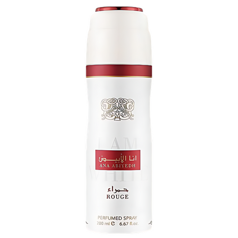 Ana Adiyeh Rouge Perfumed Spray in a white cylindrical bottle with a metallic red band and a red label, on a plain white background.