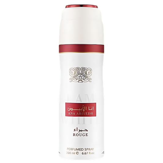 Ana Adiyeh Rouge Perfumed Spray in a white cylindrical bottle with a metallic red band and a red label, on a plain white background.