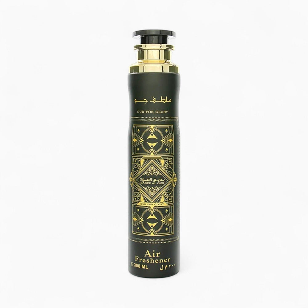 Black and gold air freshener bottle on a white background Lattafa Bade'e Al Oud Room Spray 300ml