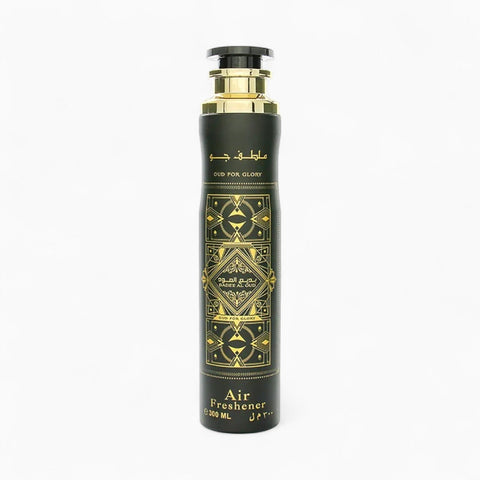 Black and gold air freshener bottle on a white background Lattafa Bade'e Al Oud Room Spray 300ml