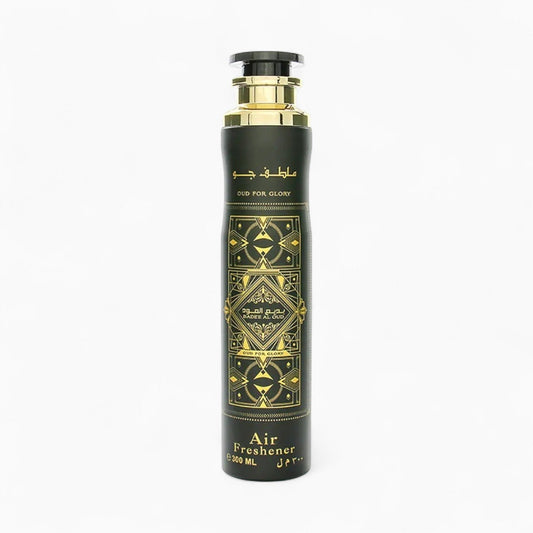 Black and gold air freshener bottle on a white background Lattafa Bade'e Al Oud Room Spray 300ml