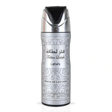 Perfumed spray bottle with silver and black design on a white background