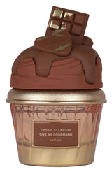 Chocolate-themed cupcake-shaped container with a bar of chocolate on top, featuring the brand 'Lattafa'.