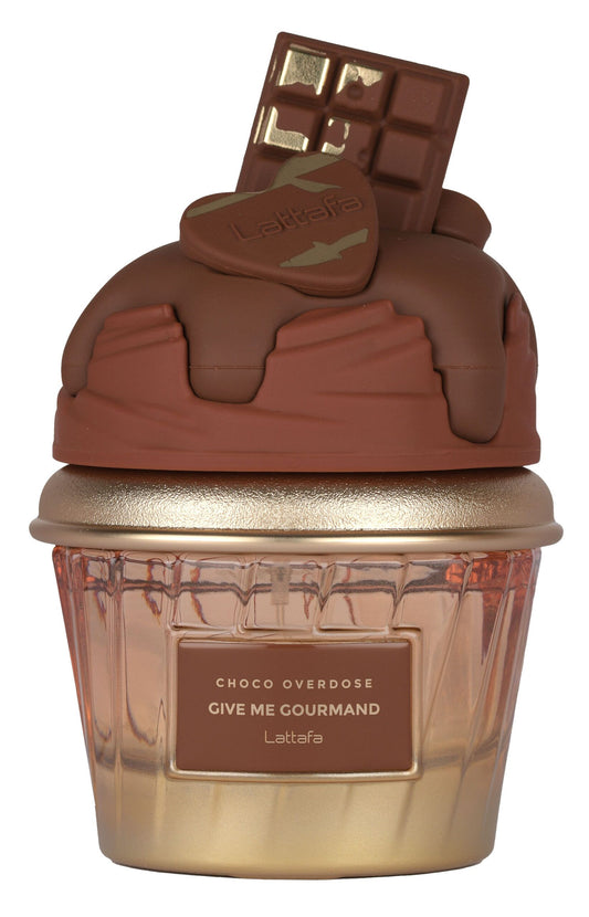 Chocolate-themed cupcake-shaped container with a bar of chocolate on top, featuring the brand 'Lattafa'.