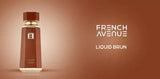 French Avenue Liquid Brun perfume bottle with product description and notes on a brown and white backgroundلا Liquid Brun Perfume 100ml EDP French Avenue