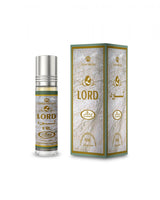 Perfume bottle and packaging with 'LORD' branding on a white background