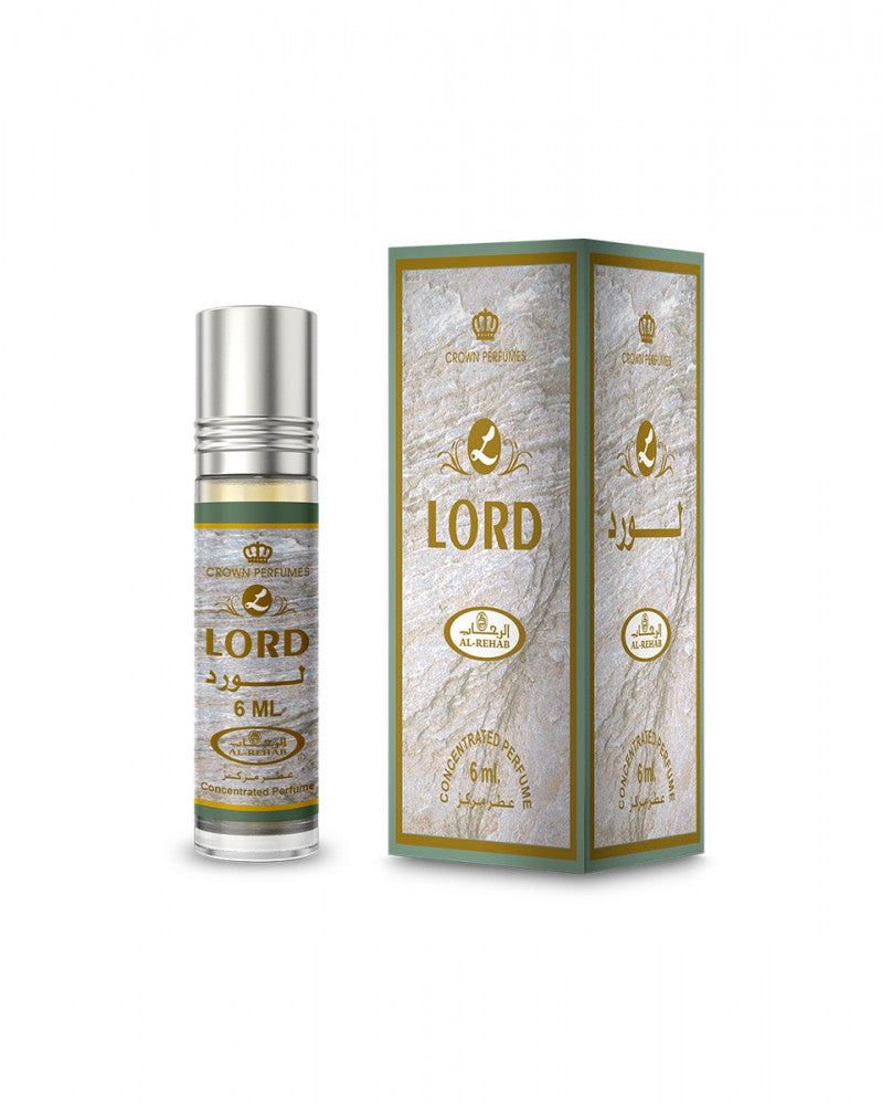 Perfume bottle and packaging with 'LORD' branding on a white background