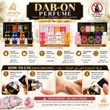A promotional collage for Lattafa Dab-On Perfume, showing multiple perfume bottles from the Asad, Yara, and Badia Aloud collections, along with usage instructions, collection details, and a 'Not a Spray Atomiser' warning on a white background.