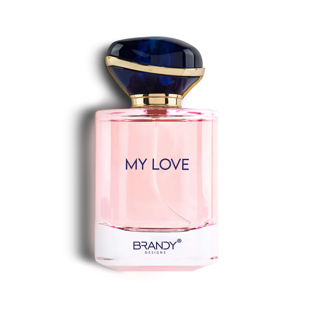 Perfume bottle labeled 'My Love' by Brandy on a white background