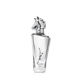 Perfume bottle with horse head design on a white background