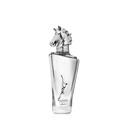 Perfume bottle with horse head design on a white background