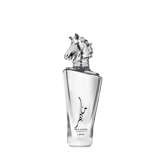 Perfume bottle with horse head design on a white background
