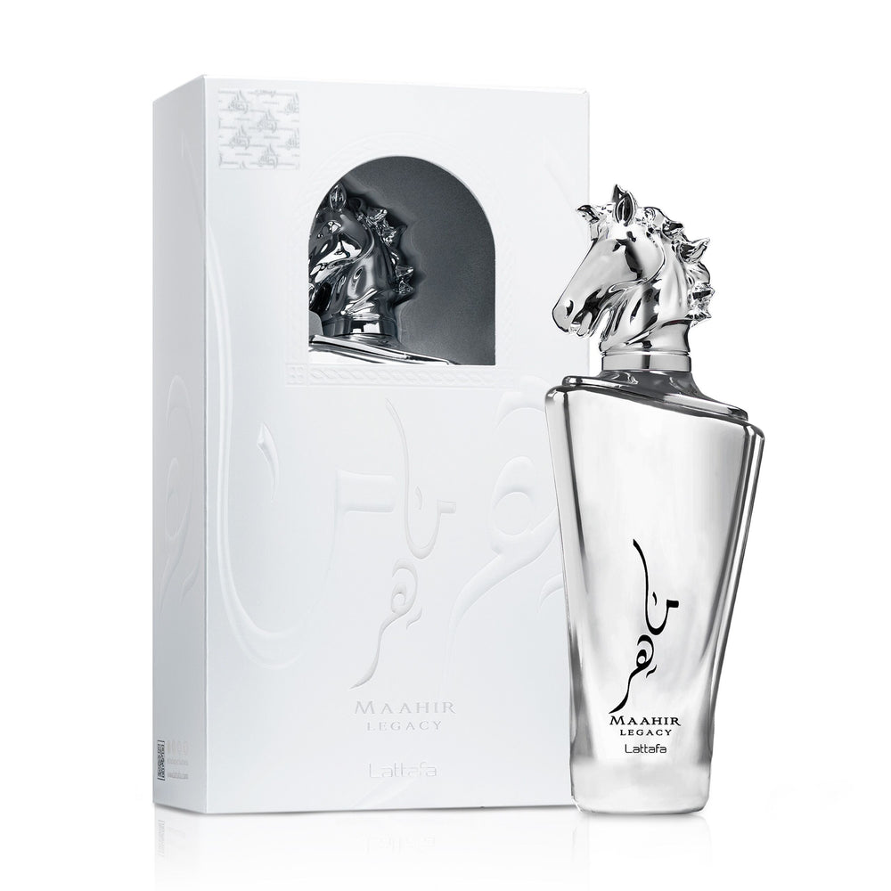 Perfume bottle and packaging with horse design on a white background