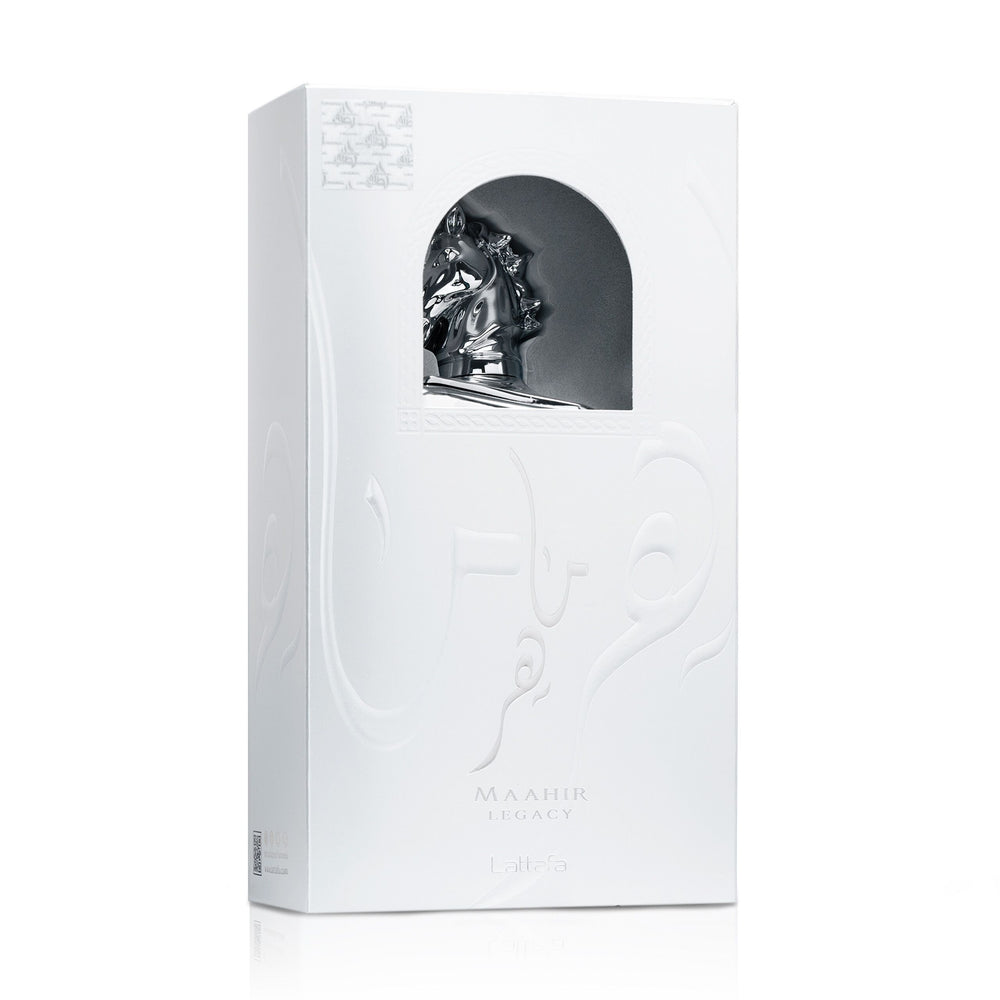 White packaging box with a silver emblem on a white background