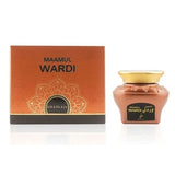 KhadlaJ Maamul Wardi perfume shown with its orange and gold outer box and the matching amber glass bottle with a gold cap on a white background. Maamul Wardi Oud Muattar Bakhoor 48g – Khadlaj