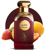 Red perfume bottle with gold cap on a white background