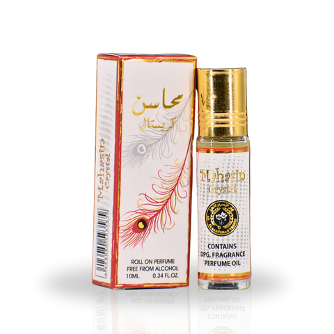 Roll-on perfume bottle with packaging featuring a feather design on a white backgroundMahasin Crystal Concentrated Perfume Oil 10ml – Ard Al Zaafaran