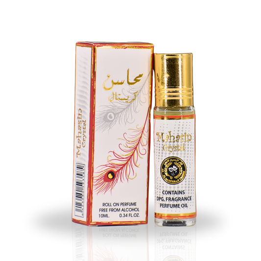 Roll-on perfume bottle with packaging featuring a feather design on a white backgroundMahasin Crystal Concentrated Perfume Oil 10ml – Ard Al Zaafaran