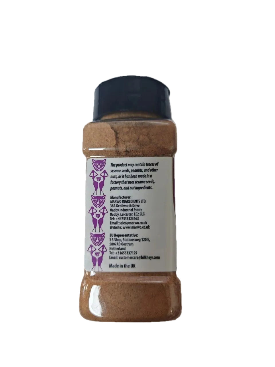 A clear plastic spice jar filled with brown ground seasoning, featuring a white label with purple owl graphics and a black cap, shown against a plain white background.Marw Tea Seasoning 60g – Ginger, Cardamom & Cinnamon