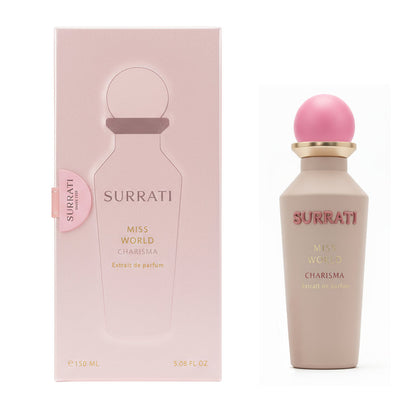 Surrati Miss World Charisma perfume bottle and packaging on a white background