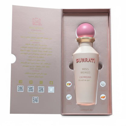 Surrati Miss World Charisma perfume bottle in a pink box on a white background
