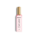 Pink bottle of 'My Love' body mist with gold cap on a white background