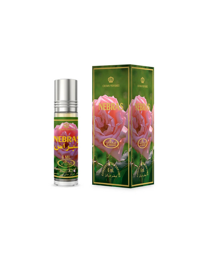 Nebras perfume bottle and packaging with pink rose design on a white background