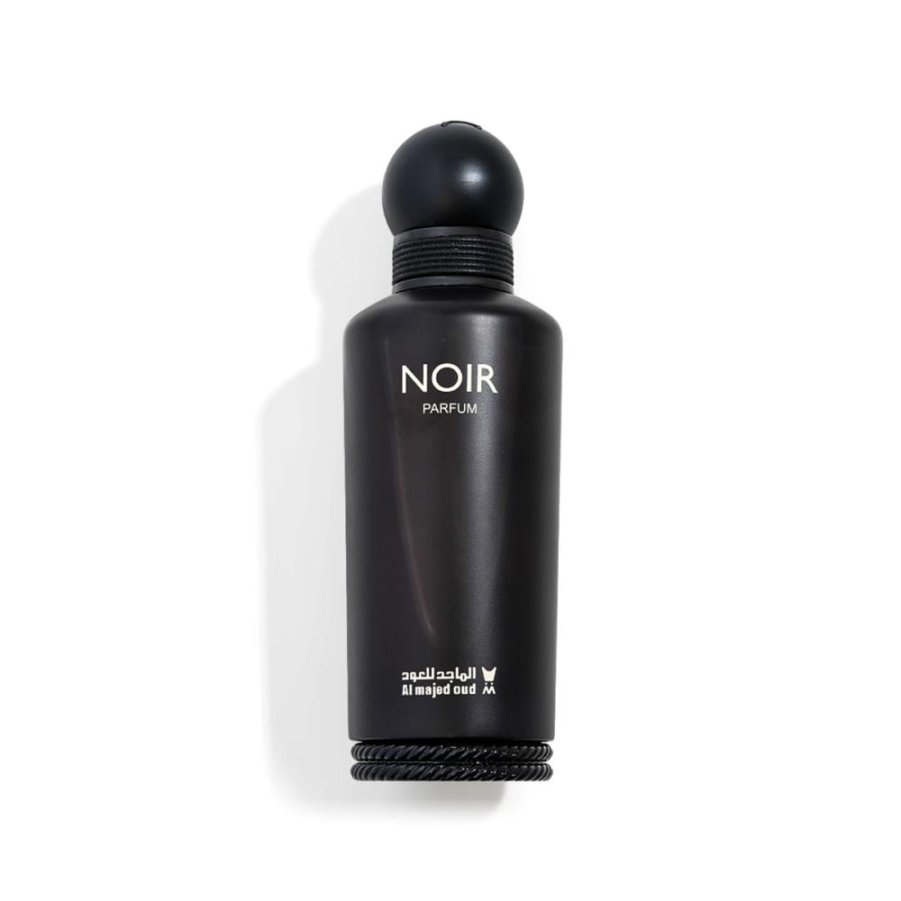 A matte black cylindrical perfume bottle with a spherical cap, labeled 'NOIR PARFUM' and 'Unisexed x Unisexed', on a clean white background.Noir – Woody Fruity EDP 150ml – Al Majed Oud