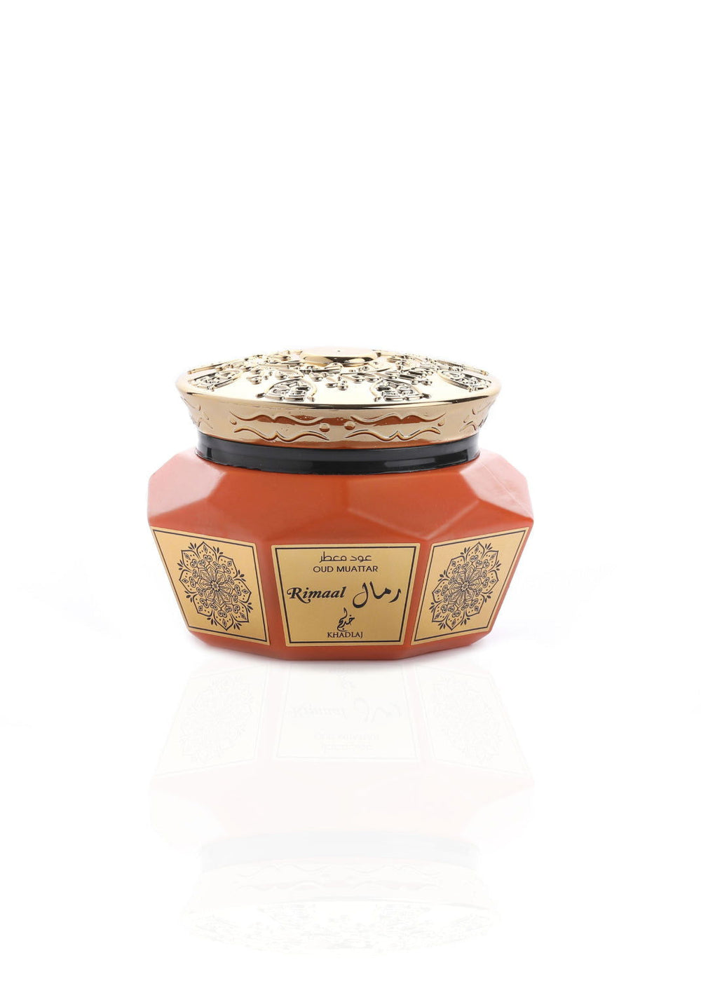 Decorative jar with intricate design on a white background Rimaal Oud Muattar Bakhoor 40g – Khadlaj