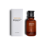 Brown perfume bottle and white box with 'Ombrey Rover Brandy' branding on a white background