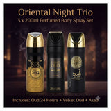 Three perfume body spray bottles labeled Oud 24 Hours, Velvet Oud, and Asad, presented as a 3-pack set against a dark smoky background with the text 'Oriental Night Trio'.