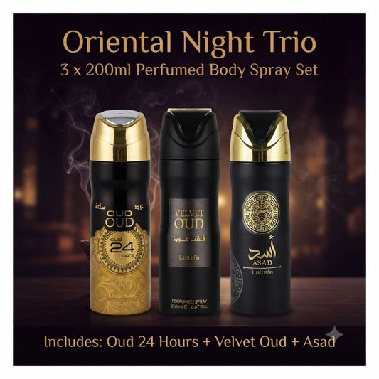Three perfume body spray bottles labeled Oud 24 Hours, Velvet Oud, and Asad, presented as a 3-pack set against a dark smoky background with the text 'Oriental Night Trio'.