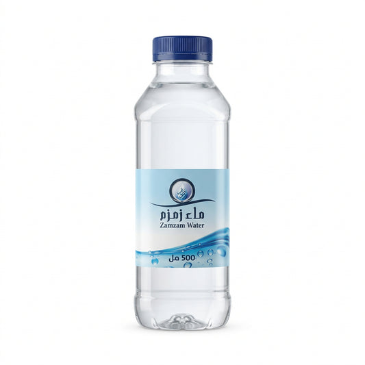 A 500 ml plastic bottle of Zamzam Water with a blue cap and a light blue label, shown against a plain white background.Original Zamzam Water 500ml – Makkah, Saudi Arabia