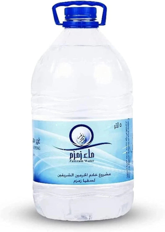 A 5-liter plastic water bottle with a blue cap and handle, featuring a blue and white label with Arabic text and the brand name 'Faisal Water'.Original Zamzam Water 5L – Sealed Container from Makkah
