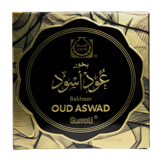 Bakhour Oud Aswad packaging with gold and black designOud Aswad Choco Bakhoor 40g – Surrati