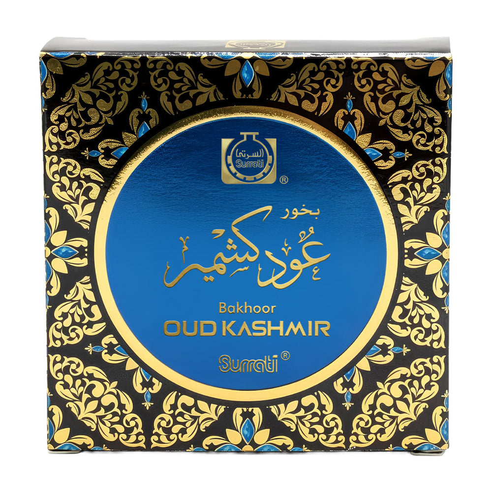 A square box of Surali Bakhoor Oud Kashmir incense, featuring a black and gold ornate pattern with a central blue circular label.