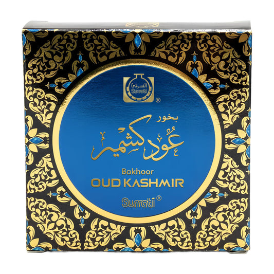 A square box of Surali Bakhoor Oud Kashmir incense, featuring a black and gold ornate pattern with a central blue circular label.