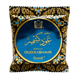 A single packaged product on a plain white background. The package is a decorative black and blue pouch with ornate gold patterns and a large blue circular label reading 'Bakhoor OUD KASHMIR' and 'Surrati'.