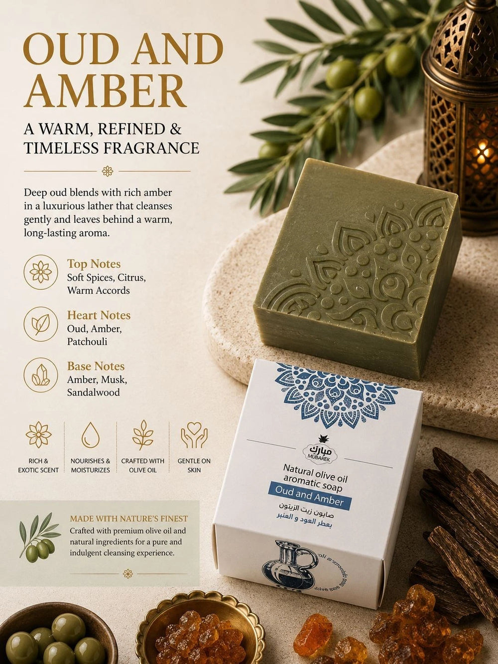 Oud and Amber soap with packaging on a neutral background