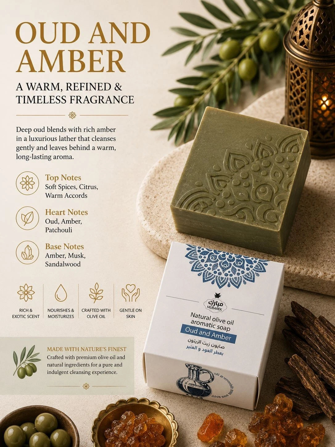 Oud and Amber soap with packaging on a neutral background