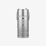 Silver container with intricate designs on a white background