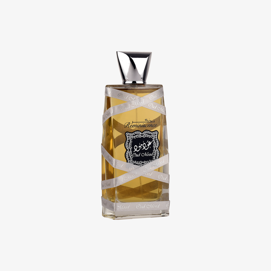Perfume bottle with decorative band on a white background