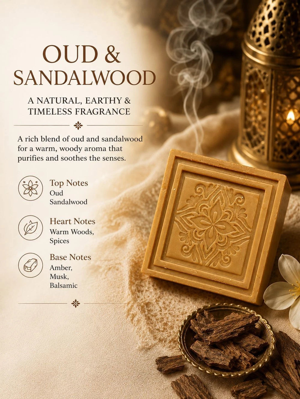 Oud and sandalwood fragrance with a wooden box and oud resins on a textured surface.