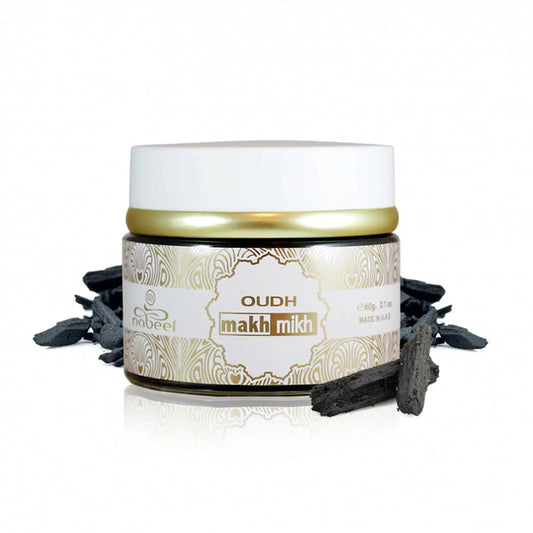 Jar of Oudh makh mikh with decorative elements on a white background  Nabeel Oudh Makh Mikh Bakhoor 60g – Premium Arabian Incense