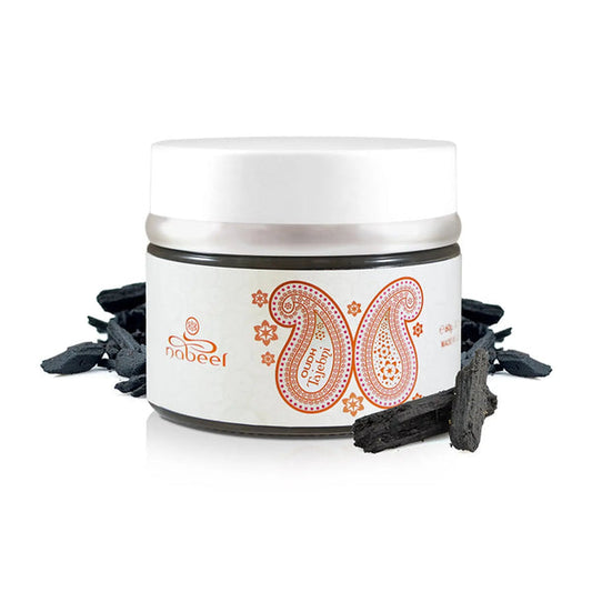 Jar with a decorative label featuring a paisley design on a white background Nabeel Oudh Tajebni Bakhoor 60g – Premium Arabian Incense