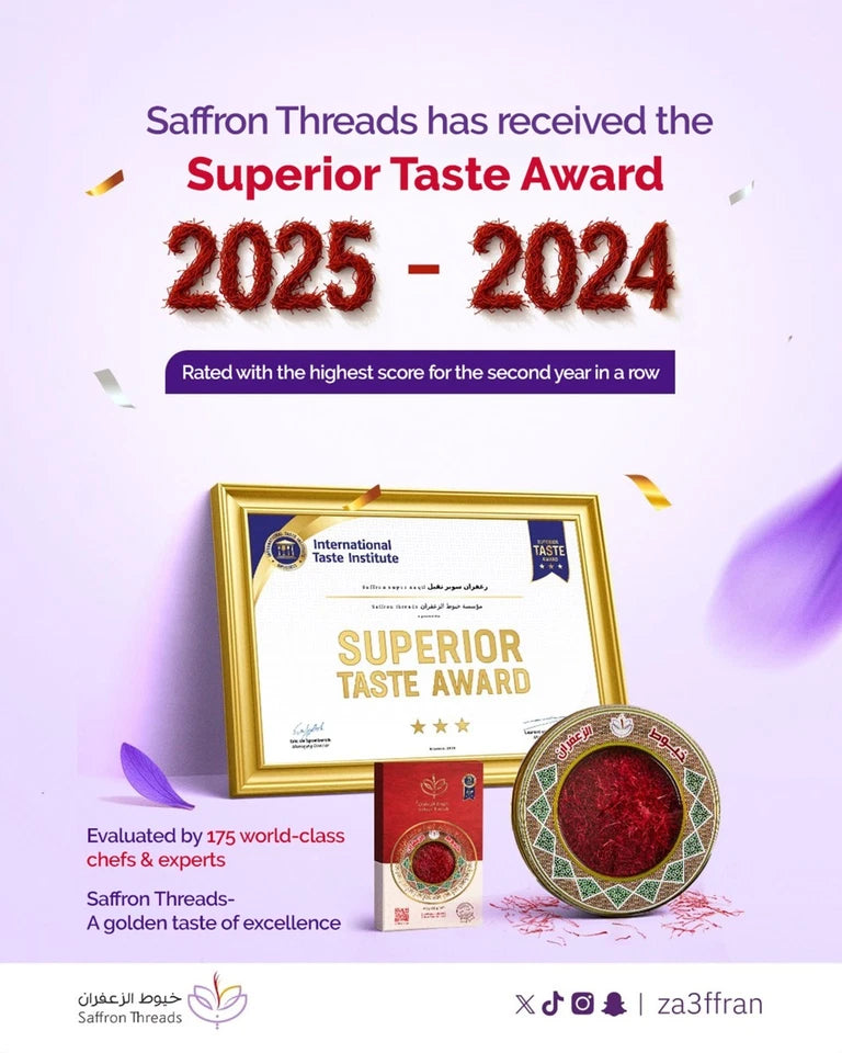 Saffron Threads has received the Superior Taste Award 2025-2024 with a certificate and saffron products on a purple background.