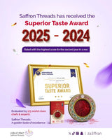 Saffron Threads has received the Superior Taste Award 2025-2024 with a certificate and saffron products on a purple background.