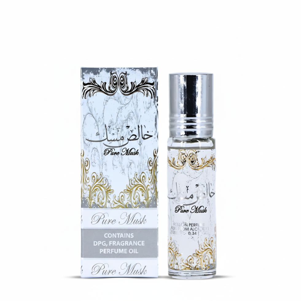 Perfume bottle and packaging with decorative design on a white background
