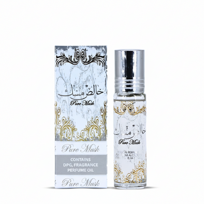 Perfume bottle and packaging with decorative design on a white background