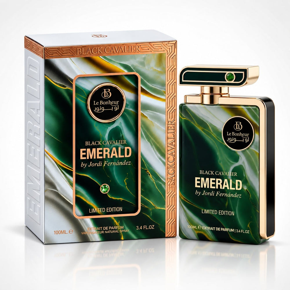 Le Bonheur 1989-2023 Black Cavalier Emerald by Jorali Fernández limited edition perfume shown with its retail box and matching bottle. The packaging features a green and gold marbled pattern with a gold border, and the bottle has a matching green and gold design with a black cap.